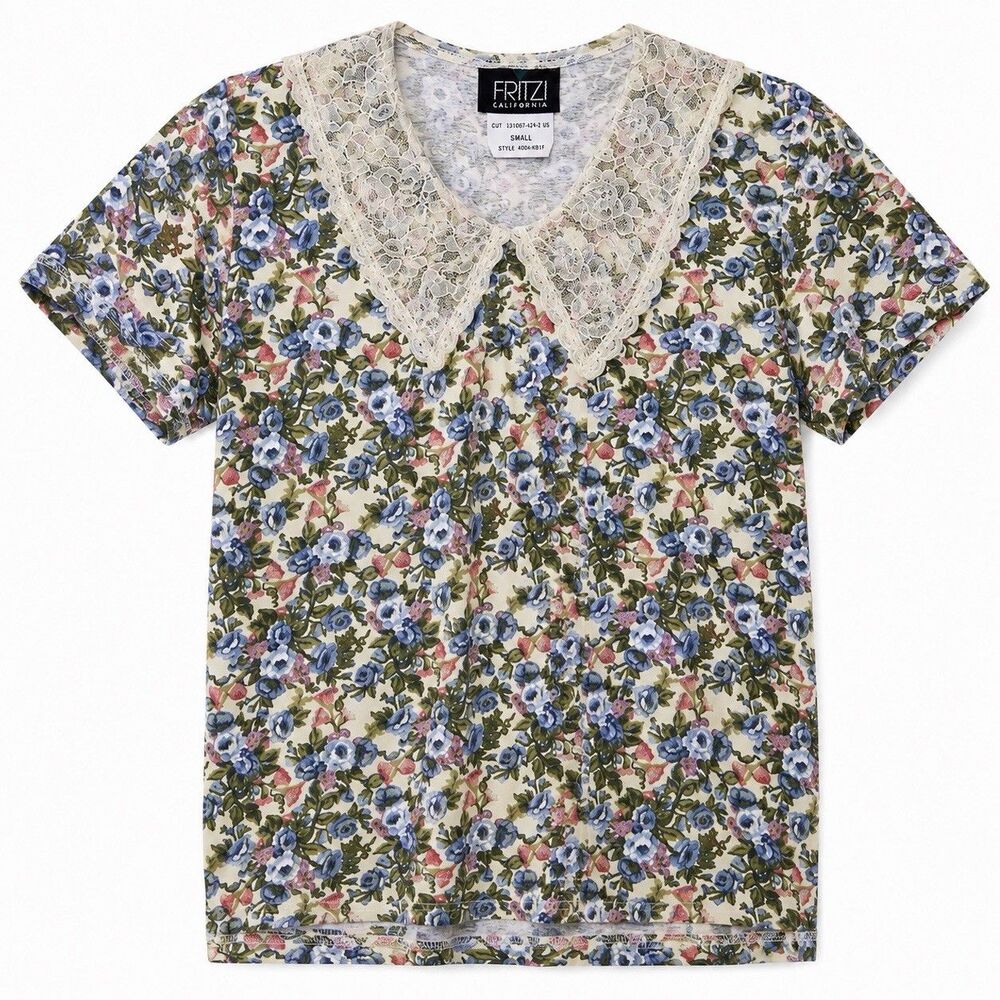 Vintage Fritzi California Shirt Women's Small Floral Lace Collar Cottagecore USA